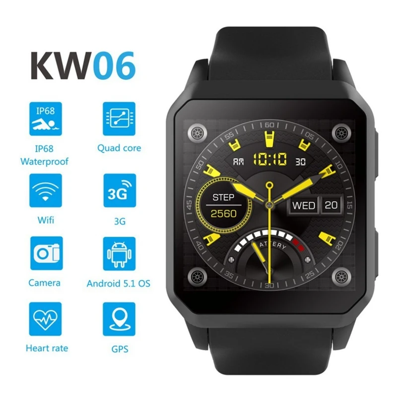 Kw06 Smart Watch 1.54 Inch Mtk6580 Quad Core 1.3Ghz Android 5.1 3G 460Mah 0.3 Mega Pixel Heart Rate Monitor | Электроника