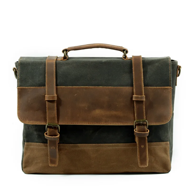 

European and American Retro Style Waterproof Oil Wax Canvas Genuine Leather Briefcase Men's Bag Laptop Shoulder Handbag