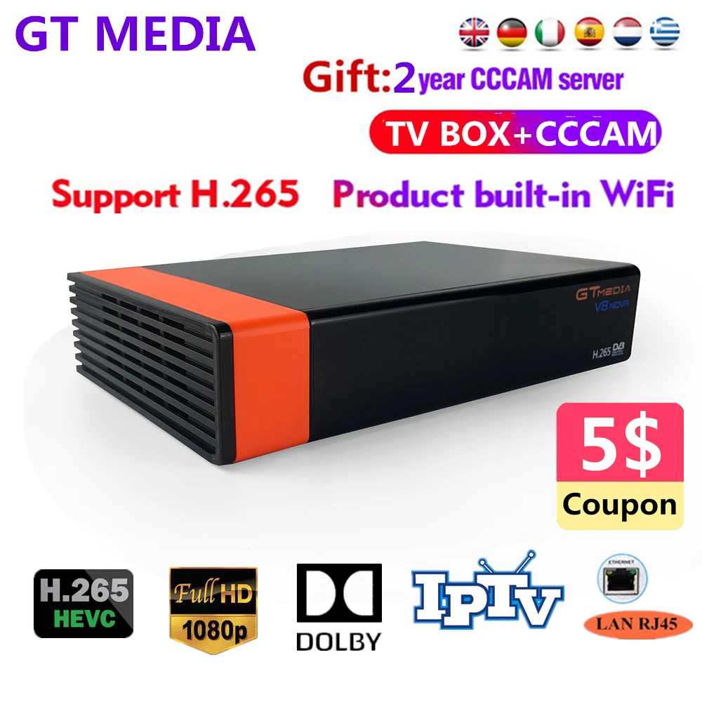 2 года Европа 7 линий сервер GT медиа DVB S2 V8 Nova HD 1080p H.265 спутниковый приемник Поддержка YouTube CCCAM V8 приемник
