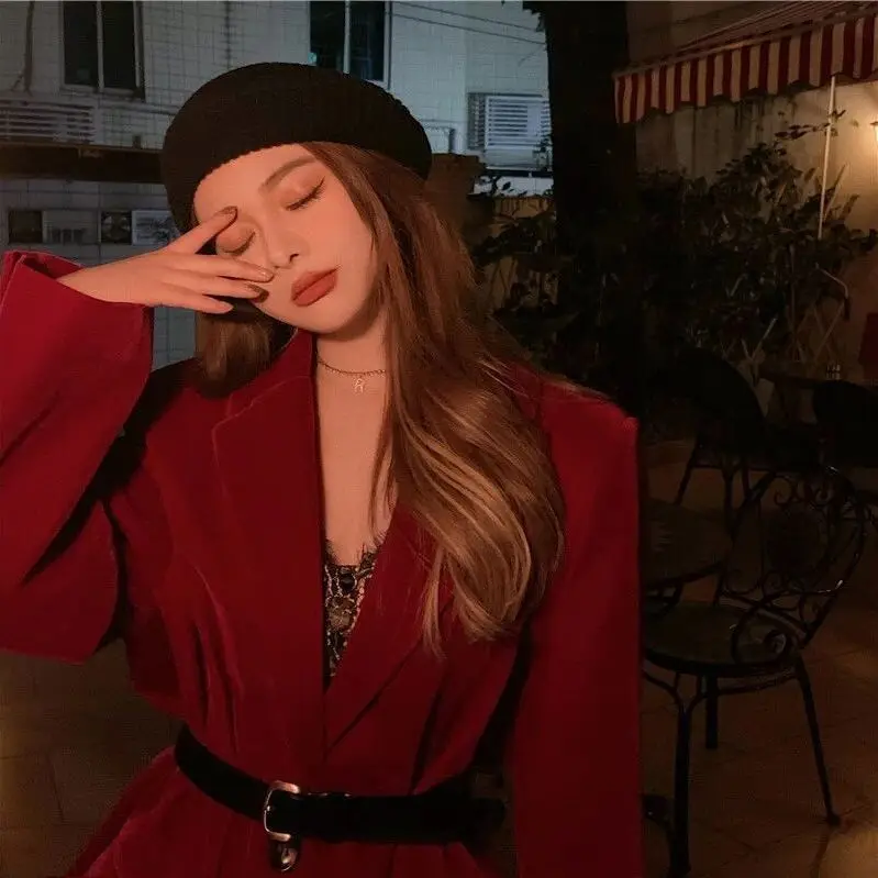 

Luck A Vintage Blazer With Belt Women Notched Collar Long Sleeve Korean Chic Jackets Casual Female Single Breasted Outerwears