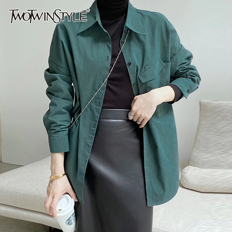 

Женская повседневная одежда TWOTWINSTYLE, осенняя, черная, зеленая, свободная, с отложным воротником, длинными рукавами и карманами, 2021