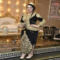 black and gold karakou algeria evening dress 2021 o neck long sleeve arabic prom dress kaftan morrocan split formal party gown