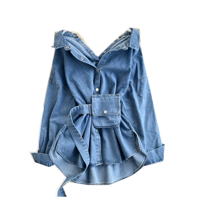Spring Fashion Lapel Denim Shirt Womens Design Backless Straps Waist Was Thin and Fashionable Two Wear Jacket Tide Women Jackets | Женская