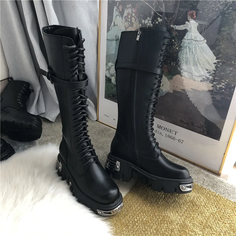 Jady/Новинка года; женские сапоги до колена из мягкой кожи; сапоги на платформе с толстым каблуком; женские сапоги В рыцарском стиле; высокие сапоги на шнуровке; Botas Mujer