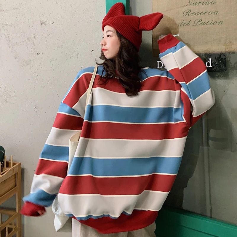 

Spring new Harajuku style loose striped round neck all-match long-sleeved pullover sweatshirt women