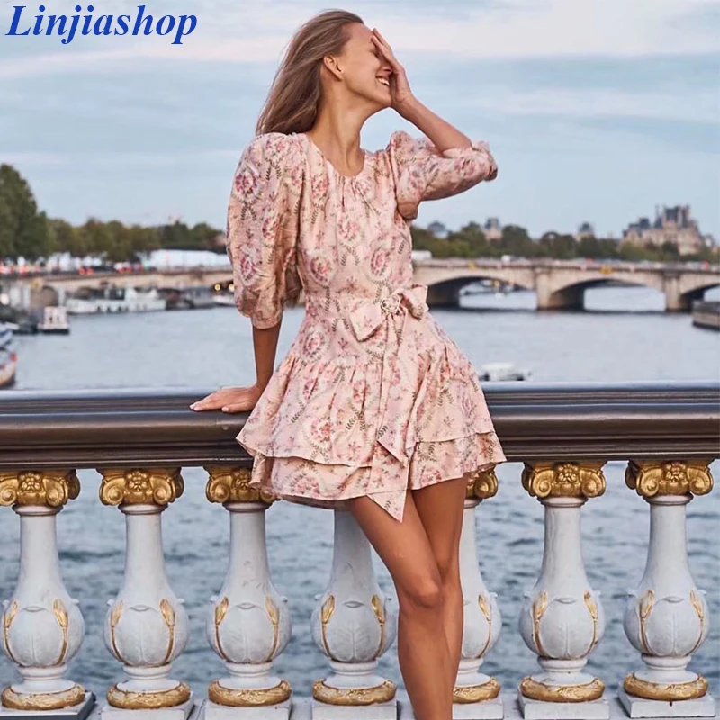 Женское платье с цветочным принтом Linjiashop элегантное мини круглым вырезом и