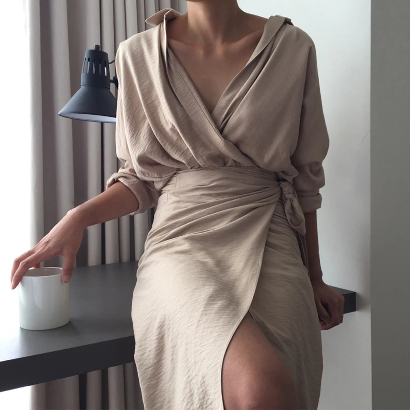 

senhora sólida sexy com decote em v império feminino vestido a linha primavera vintage manga longa elegante