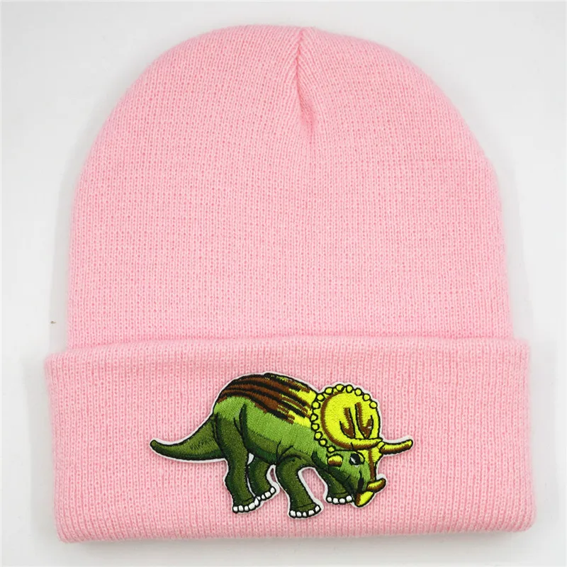 

2020 Cotton Dinosaur Animal Embroidery Thicken Knitted Hat Winter Warm Hat Skullies Cap Beanie Hat for Men and Women 373