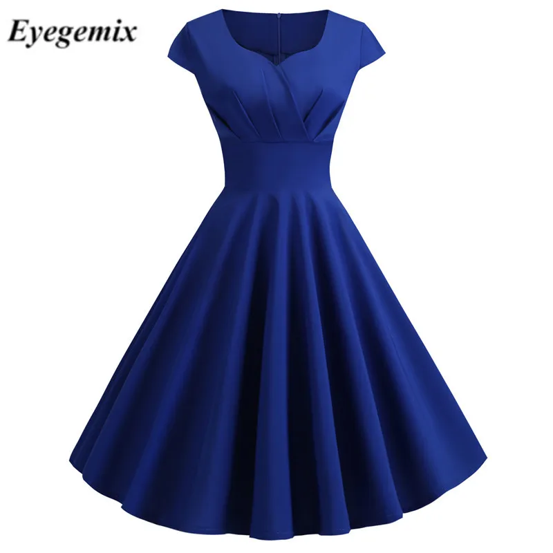 JY13841 Blue Летнее женское винтажное платье 50S 60S с коротким рукавом и v-образным вырезом, повседневные Элегантные вечерние платья миди в стиле ретро, платья размера плюс - Цвет: JY13841 Blue
