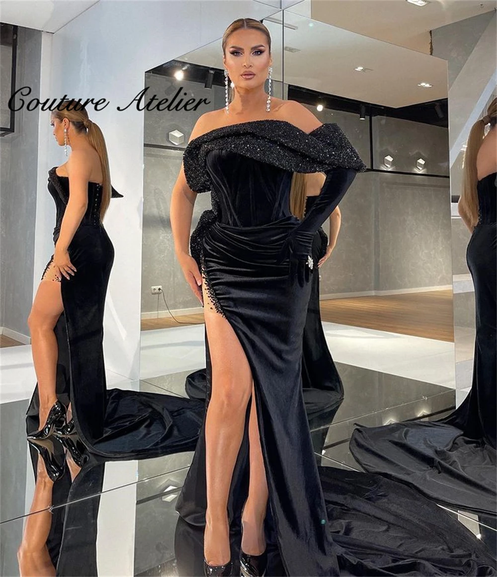

Black Celebrity Dresses Mermiad Party Dresses Women Evening Slit Prom Gown Long Sleeve vestidos elegantes para mujer