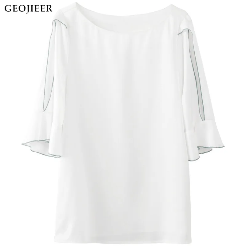 

2021 Summer New Korean Women's Round Neck White Blouse Women's Fashion Simple Hollow Solid Color Short-sleeved Chiffon Shirt