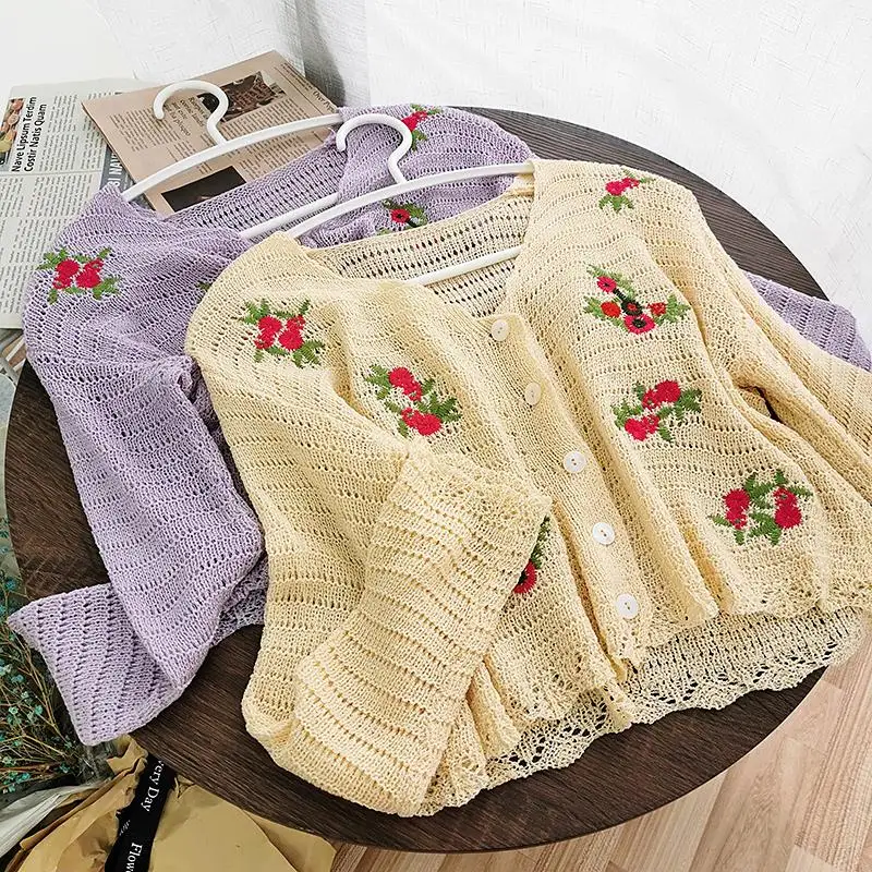 

Женский вязаный кардиган с вышивкой, тонкий укороченный топ с свитер с цветами, винтажный свитер, рубашка для осени и лета, 2020