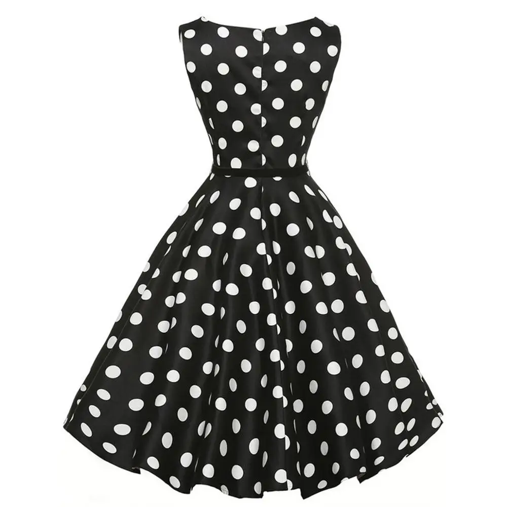 

Women Casual Dresses Vintage Sleeveless O-neck Polka Dots Print Dress Slim Waist Retro Ladies Dress Black White Vestidos Verano