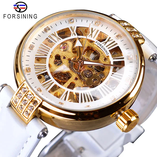GMT1136-1 Forsining, золотой скелет, бриллиантовый дизайн, красный ремешок из натуральной кожи, водонепроницаемые женские механические часы, Топ бренд, роскошные часы - Цвет: GMT1136-1