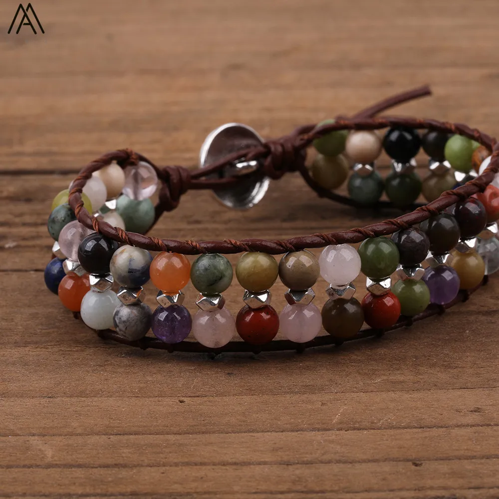 Boho натуральные камни бисер серебряного цвета кожаный браслет 6 мм круглые