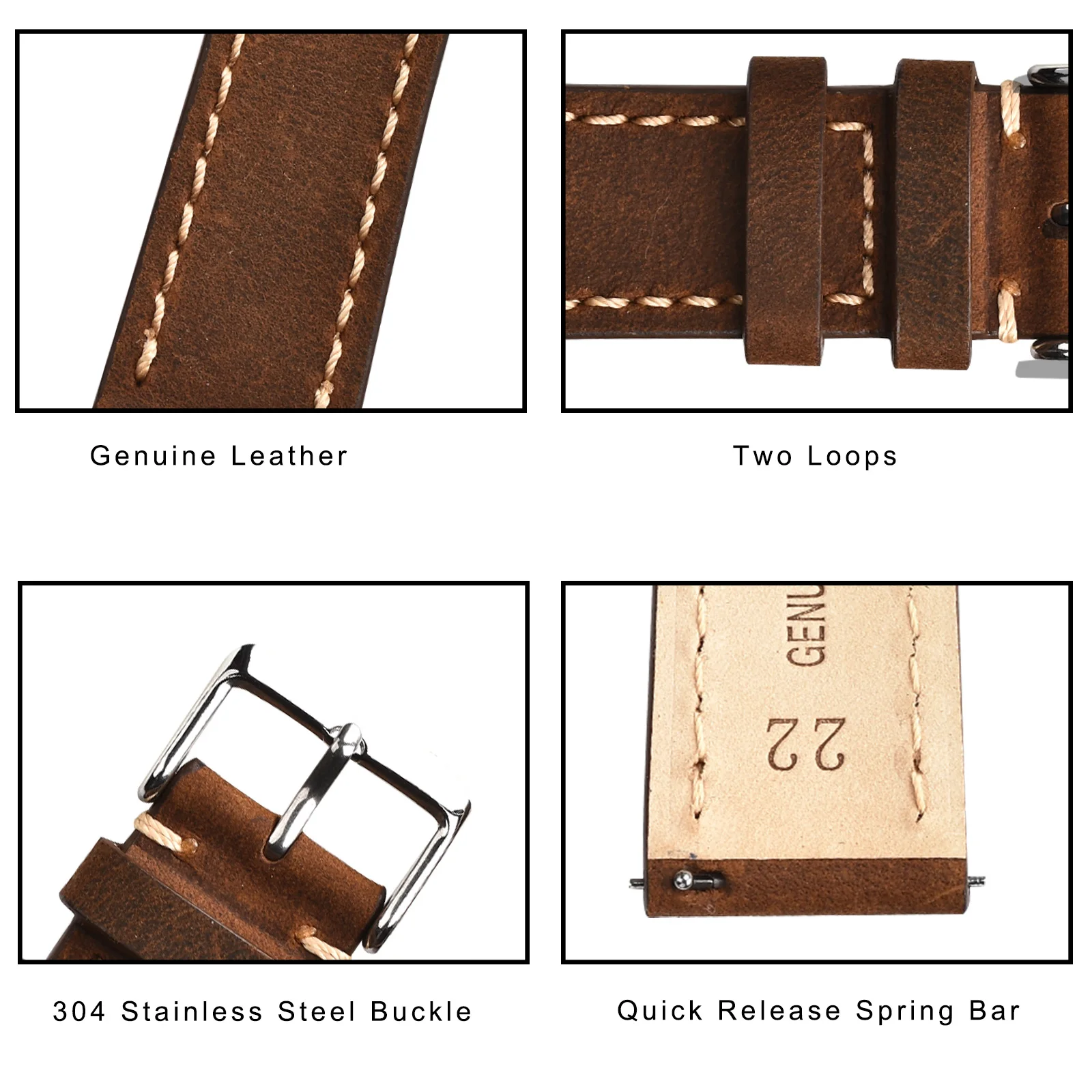 BEAFIRY Quick Release Watch Band 18mm 20mm 22mm Vintage Crazy Horse/calfskin Leather Strap Watchband for huawei fossil Brown