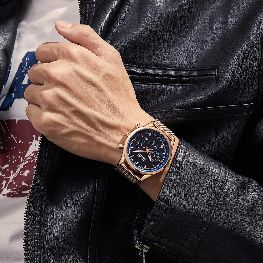 

2020 MEGIR Mens Watches Top Brand Rose Gold Stainless Steel Wrist Watch for Man Waterproof Quartz Watches Relogio Masculino