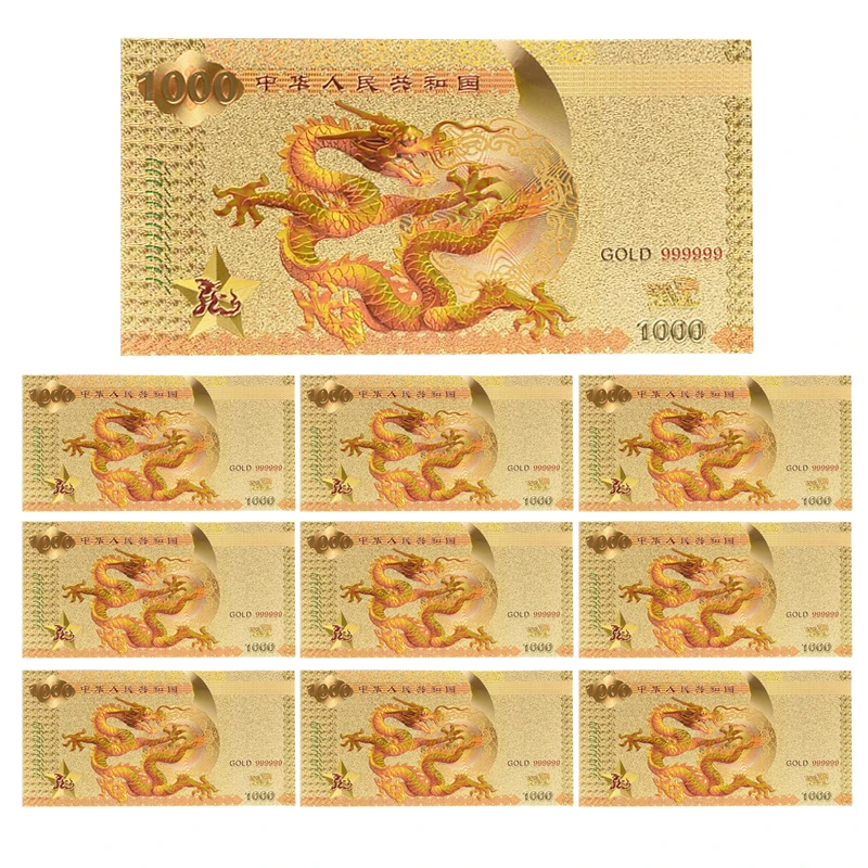 10pcs 1000 WR Новинка 1000 Гонконгский Золотой фольга банкноты китайский дракон с безопасности поддельные деньги бумажный счет для бизнес подарок дропшиппинг - Цвет: 10pcs 1000