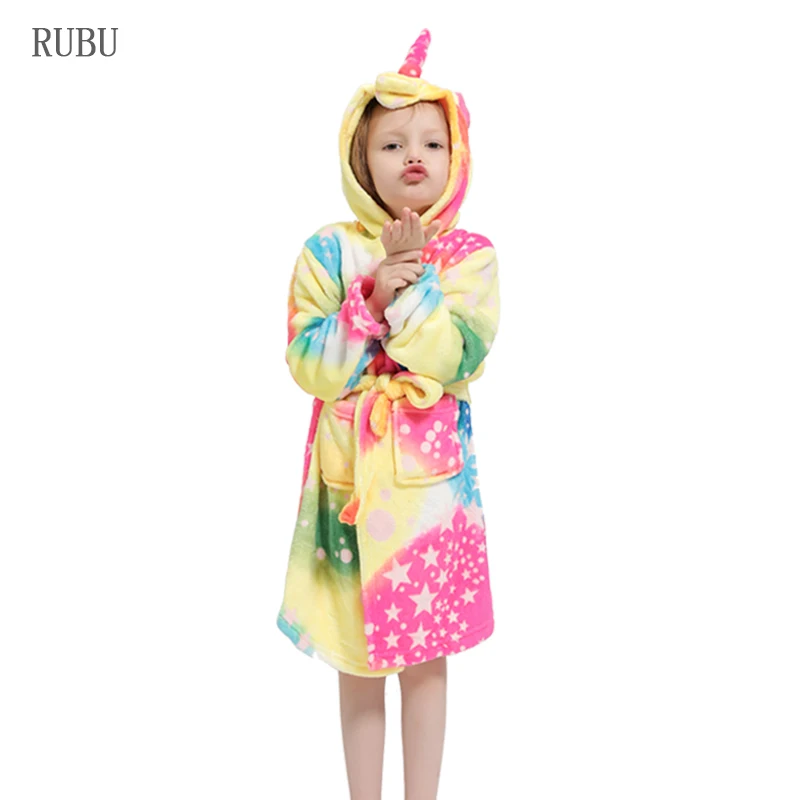 Colored stars unicor Kigurumi/Детские Банные халаты с капюшоном и единорогом; детский банный халат со звездами и радугой; пижамы для мальчиков и девочек; ночная рубашка; детская одежда для сна - Цвет: Colored stars unicor