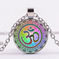 indian sanskrit om symbol necklace ohm om aum buddha lotus silver plated flower of life mandala art glass chain jewelry