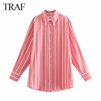 traf za womens clothing fashion retro personality striped print single breasted top long sleeve lapel commuter chic office top
