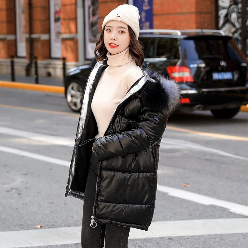

New Women Winter Gold Down Cotton Jacket New Fashion Glossy Black Big Hooded Thick Shiny Loose Big Fur Warm Parkas Lady Coat