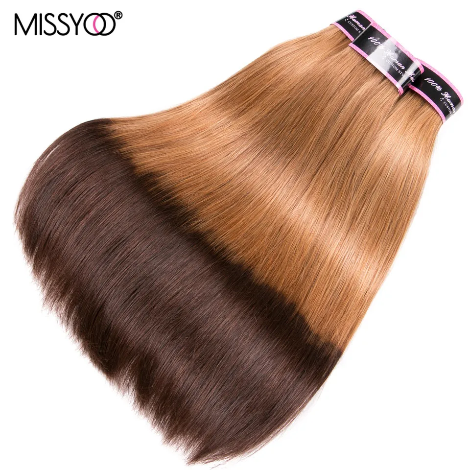 Ombre Brown Straight Bundles With Closure Brazilian Remy 27/4 Human Hair Double Drawn Funmi 3 Extensions | Шиньоны и парики