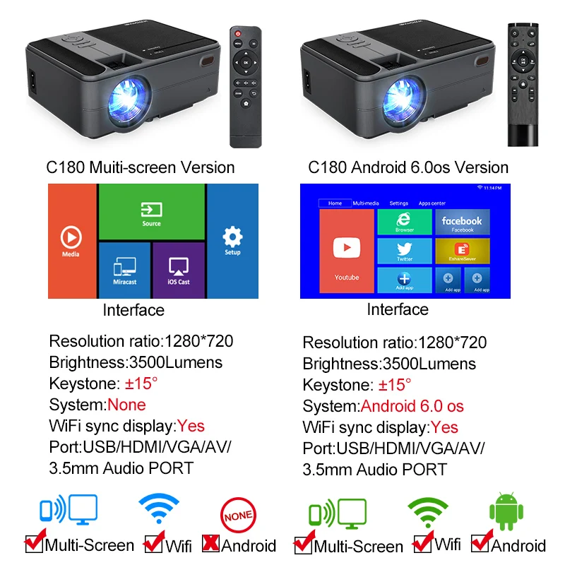 CAIWEI Smart WiFi Bluetooth Android портативный маленький мини-проектор с поддержкой HD видео домашний кинотеатр Heimkino HDMI VGA проектор