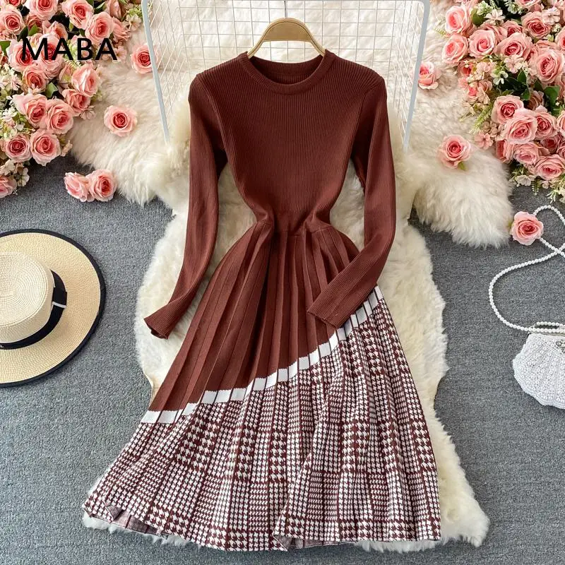 

New women coffee / Black / gray knitted Pleated Dress o-neck slim print A-line short dress Korean fashion streetwear Robe