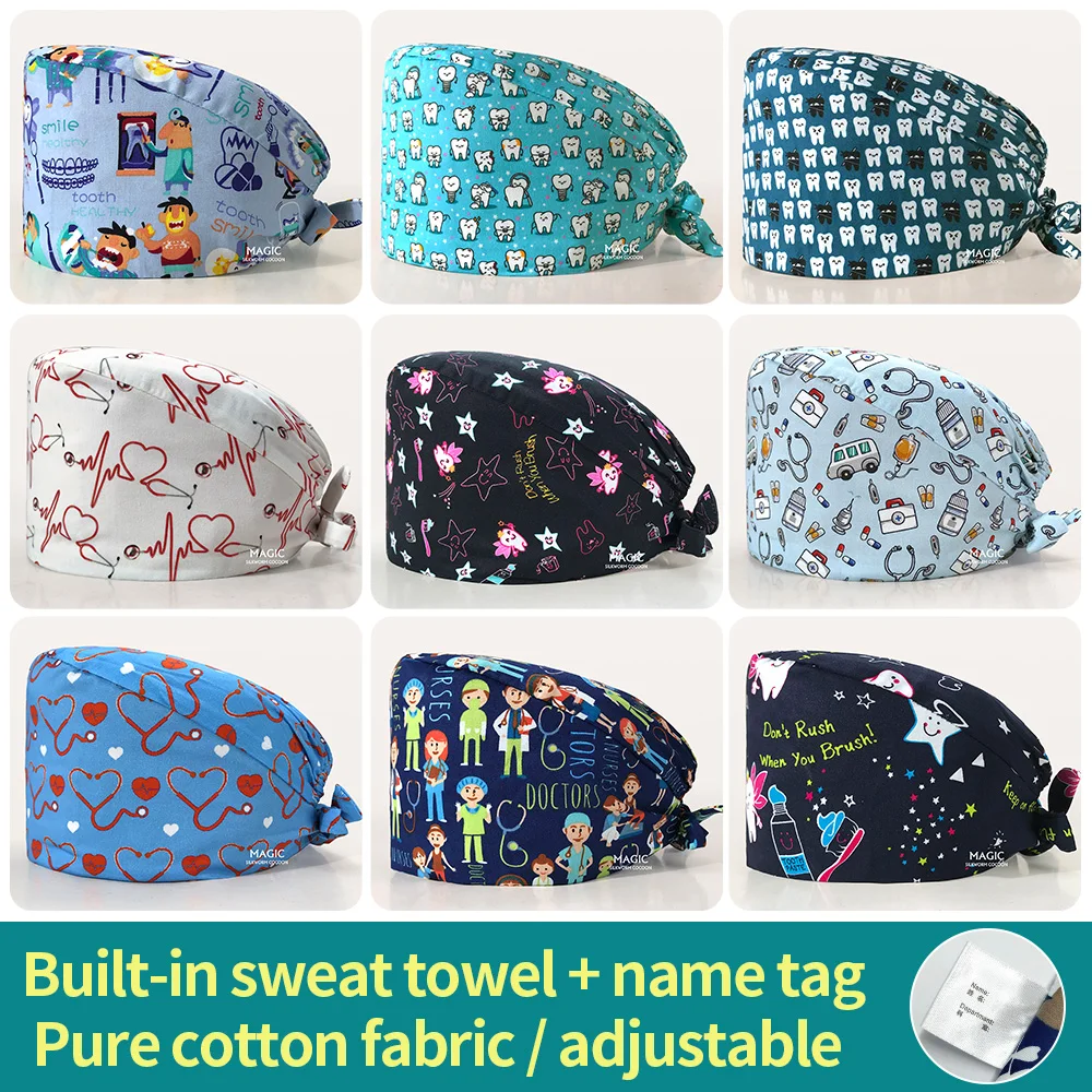 

Elastic Adjustable Nurse Scrubs hats Unisex cartoon tooth Printing scrubs caps tooth clinic work Hats cotton Pet club scrubs hat
