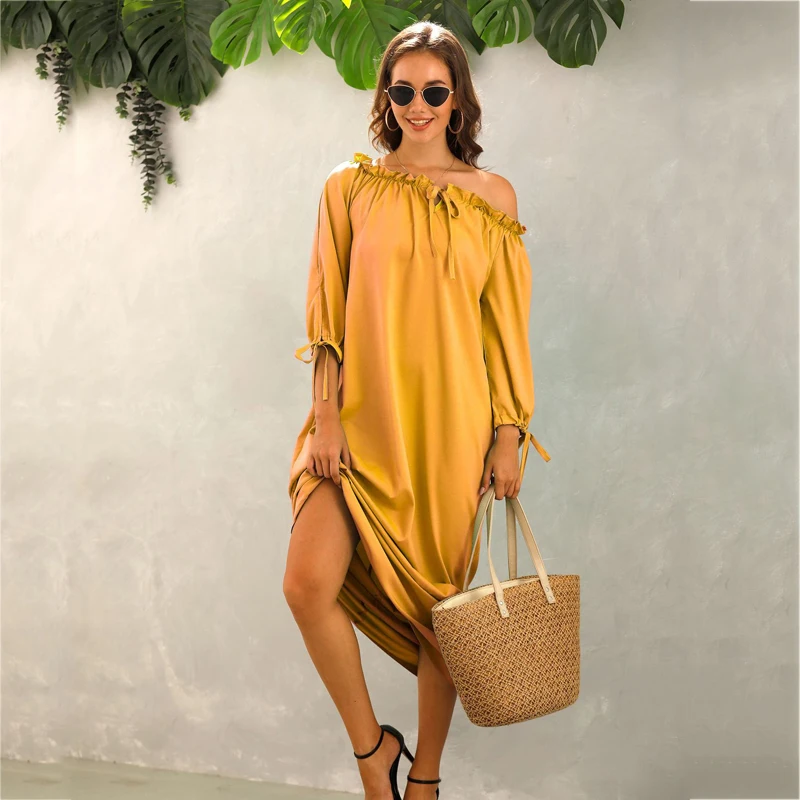 

Women's casual loose word collar solid color long dress women