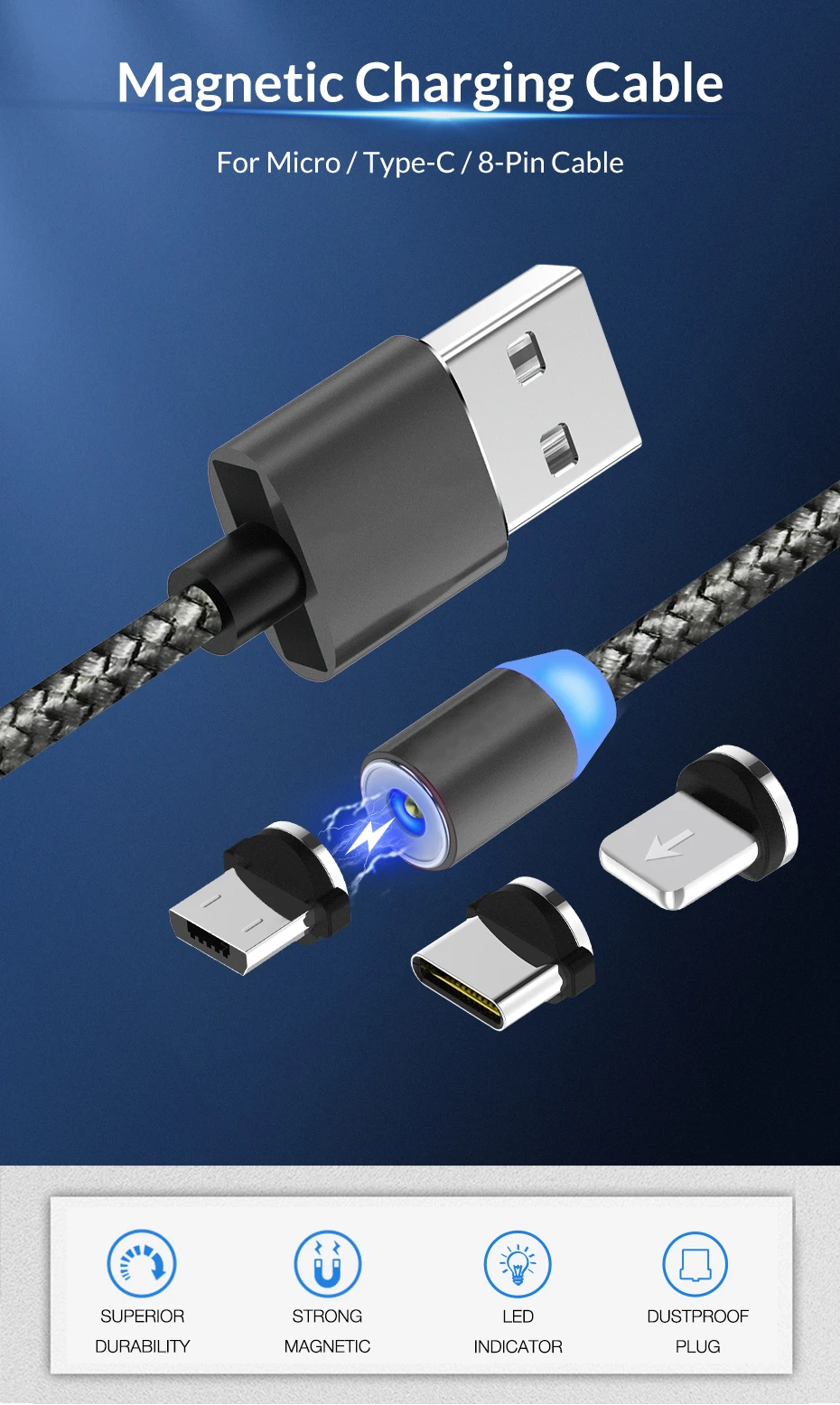 2.4A Быстрая зарядка светодиодный магнитный usb-кабель для IPhone 6 7 8 Plus 5s SE магнит IPad Air USB зарядное устройство кабель type C& Micro USB кабель