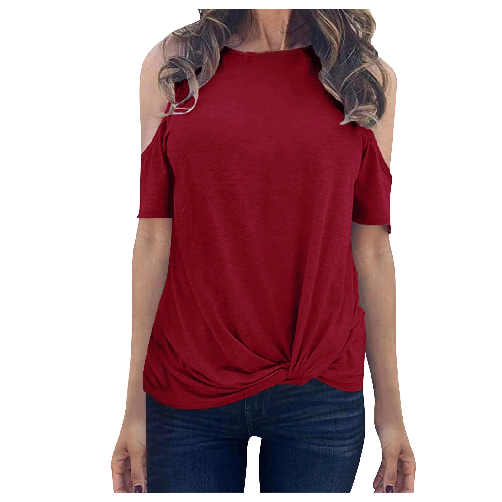 Women Cold Shoulder Shirt Short Sleeve Round Neck T-shirt Blouse Casual Tops Sweetshirt Elegant temperament 2021 new топ
