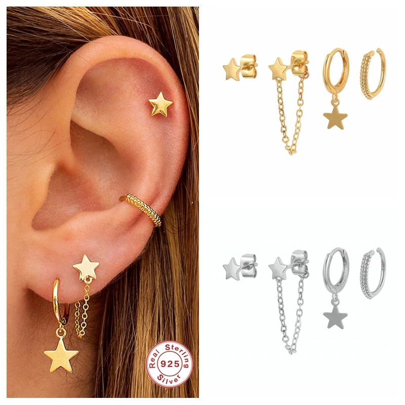 

4pieces/set 925 Sterling Silver Star Earrings Minimalist Chain Earring for Women Gothic Punk Piercing Pendientes Fine Jewerly
