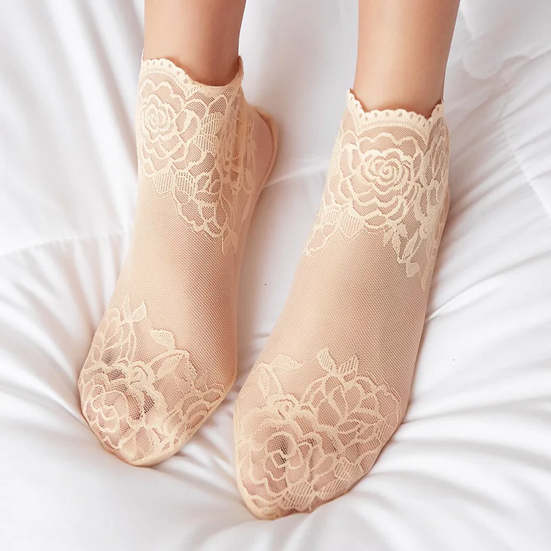 

Summer Silk Socks 3Pairs Flower Socks Fashion Women Embroidery Ultra-thin Transparent Lace Crystal Short Ankle Socks Sox Sokken