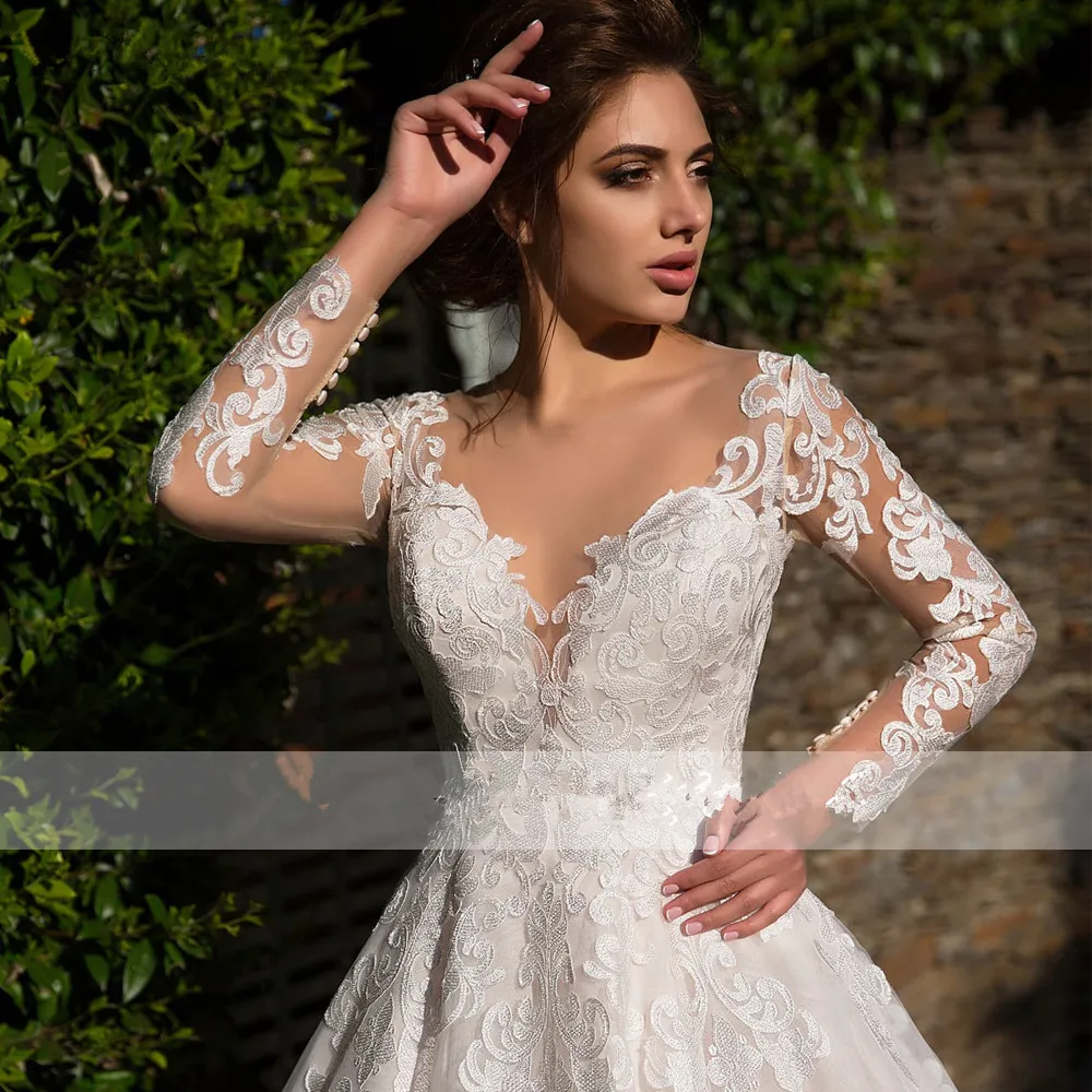 

A Line Sheer Neck Lace Wedding Dresses 2021 Full Sleeves Floor Length Illusion Back Bridal Gowns Sweep Train Vestidos De Novia
