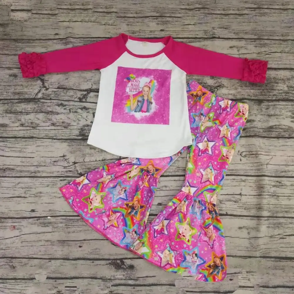 

Fashion girl screen print ruffle sleeve 2pcs boutique outfits for baby girl