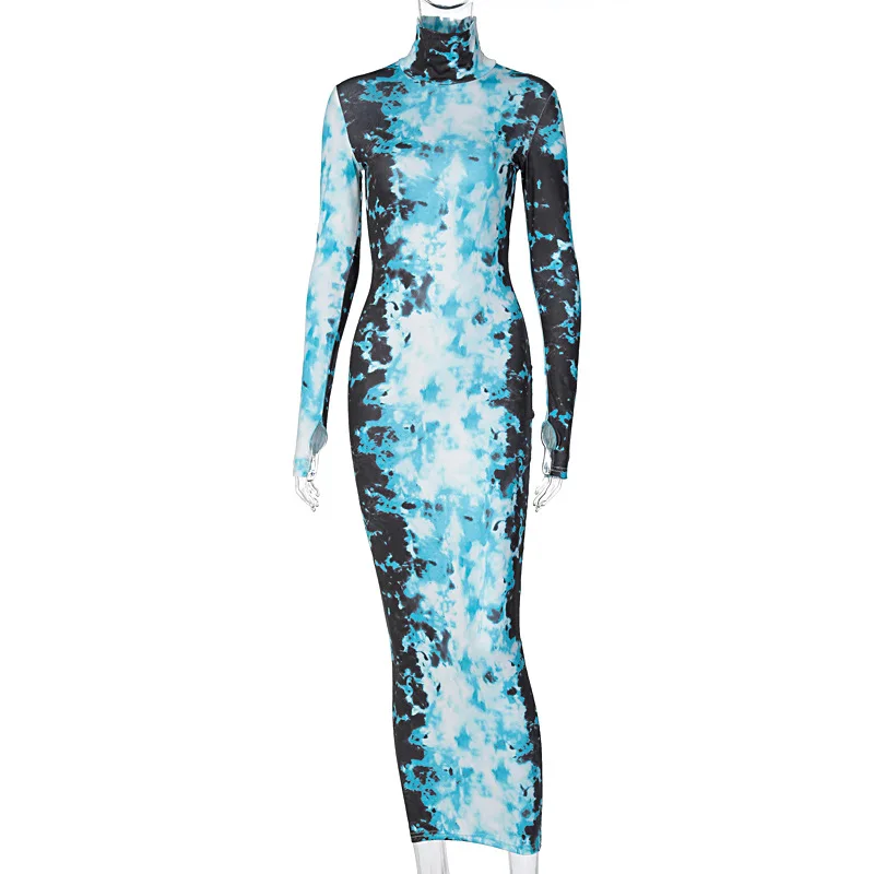 

European and American Hot Sale High-neck Finger Sleeve Dress 2020 Autumn New Fashion Street Style Long Skirt Dresses Women Party