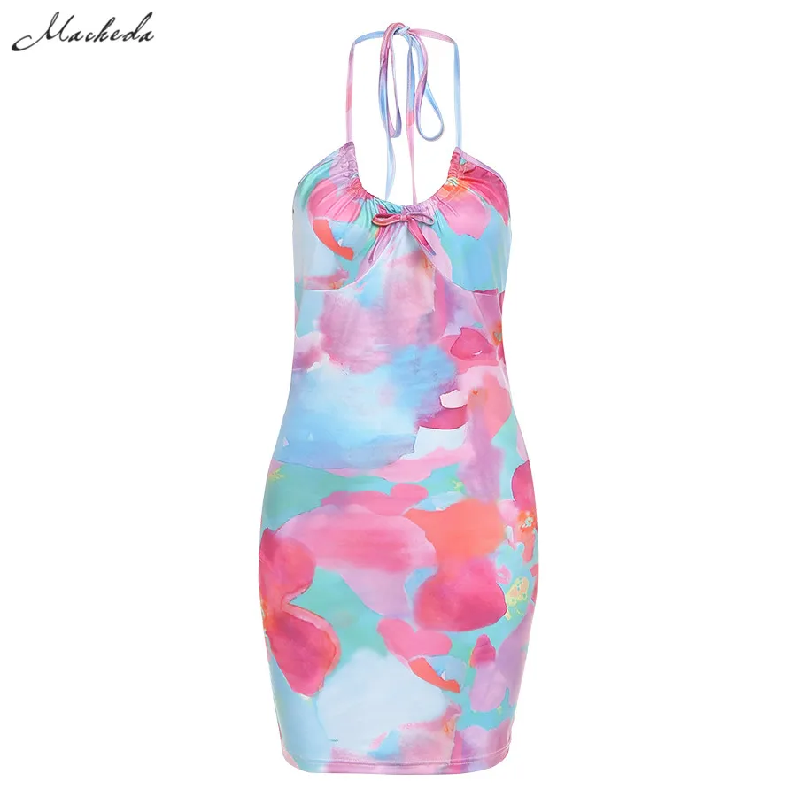 

Macheda Sexy Backless Slim Dress Women Fashion Printing Sleeveless Halter Clothing Lady Vacation Casual Mini Dresses 2021 New