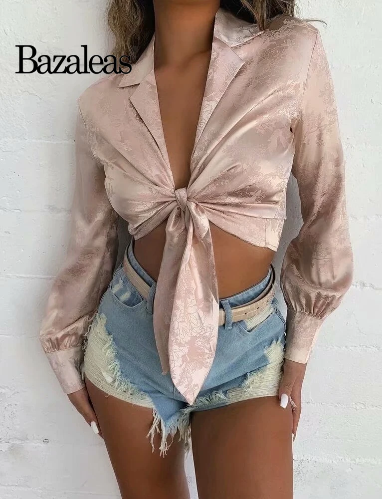 Bazaleas винтажный бандажный топ с бантом розовый цветочный v образный вырез женская