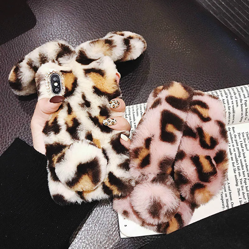 

Rabbit Ears Crystal Case For LG V10 V20 V30 V40 G2 G3 G4 G5 G6 G7 Q6 Q7 Stylo6 K10 2018 Leopard Plush Fur Soft Shell Phone Cover