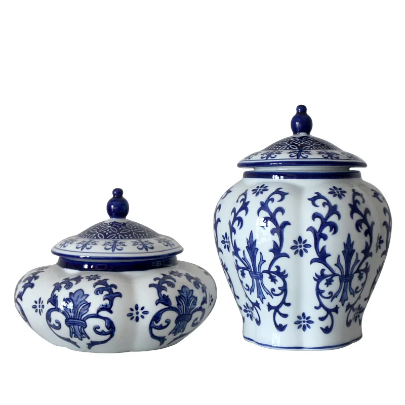 

Porcelain Blue and White Porcelain Tea Pot Ornaments with Lid Classical Utensil Storage Tank Living Room Table Home Decoration
