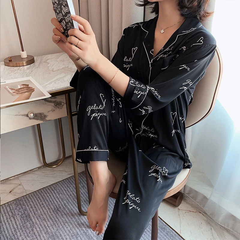 

Ladies pajamas ice snow silk long-sleeved two-piece fashion letter leisure and comfortable home service suit JJF0134