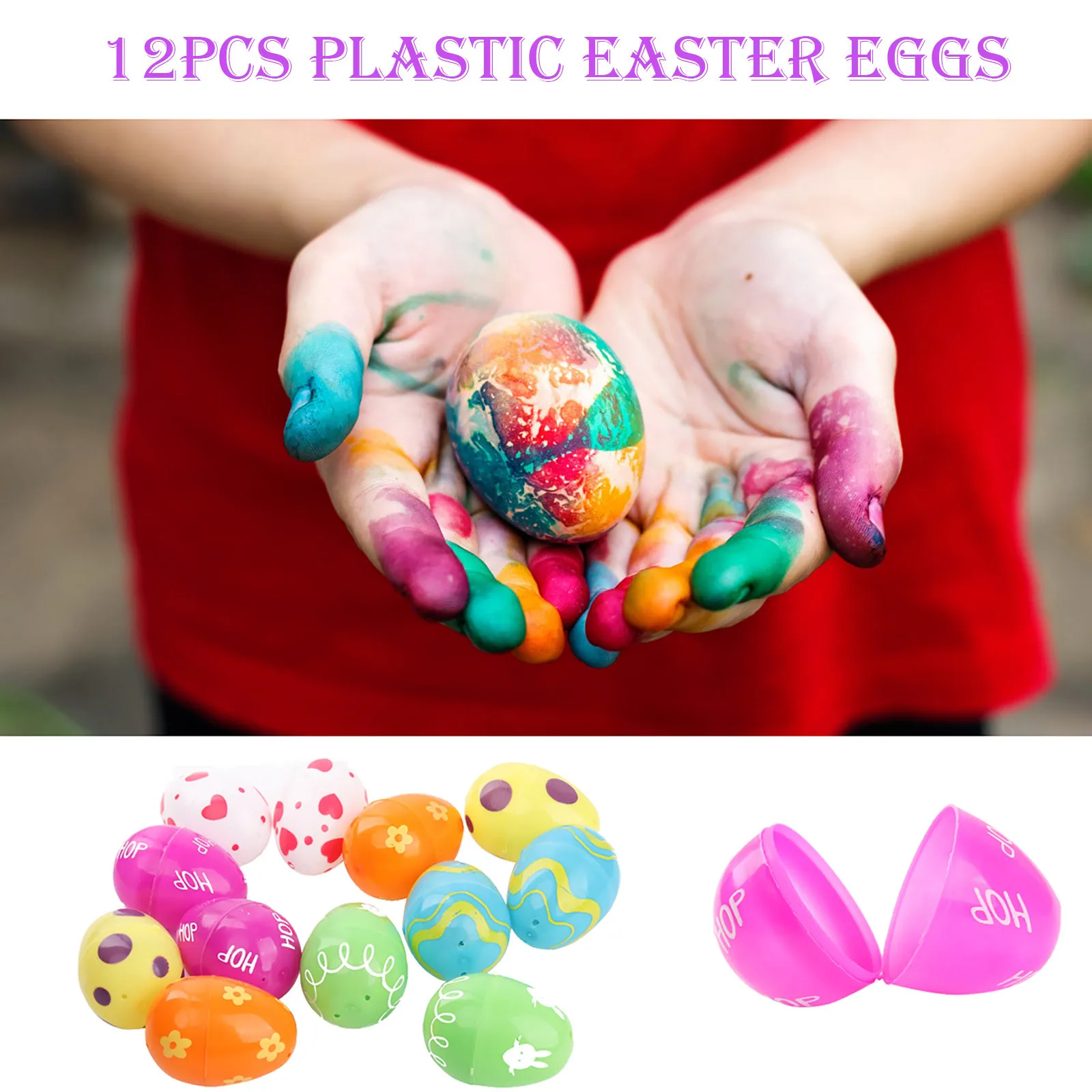 

12pc Fillable Plastic Easter Eggs Hunt Party Supply Pack Assorted Pattern Prints Kids Toy Children's Toys Birthday Gifts For Kid