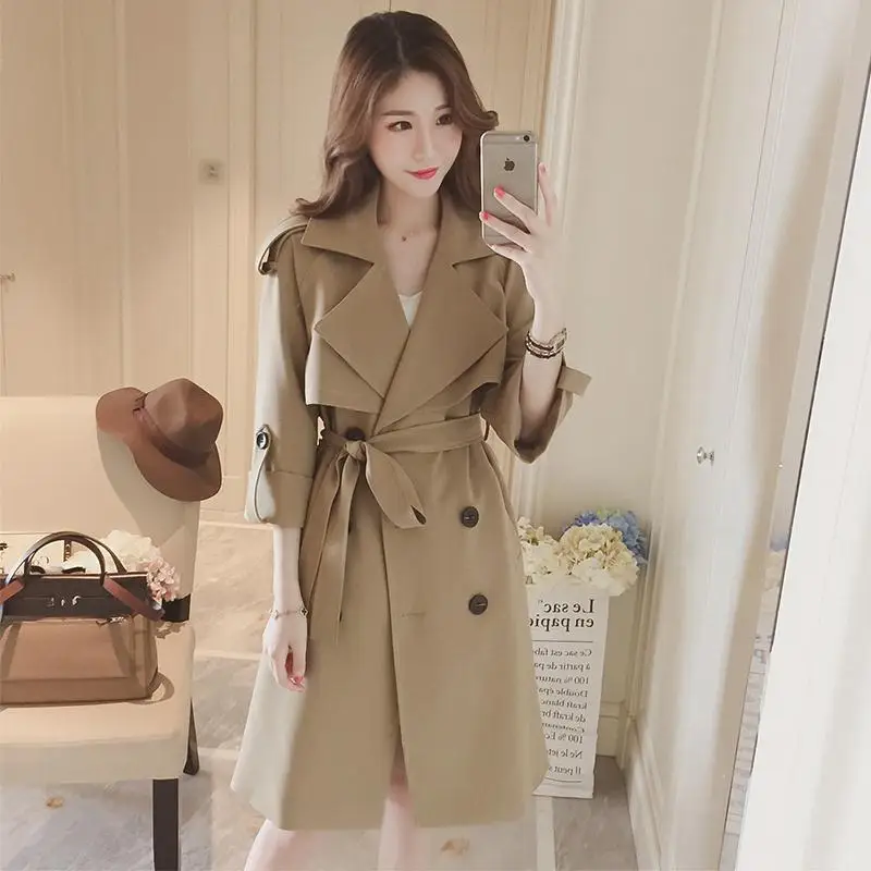 Британский стиль Повседневная ветровка на шнуровке Женское пальто средней длины