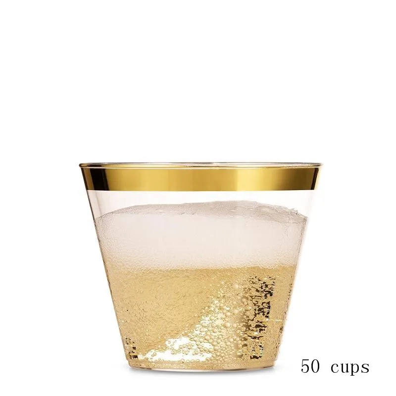 Gold Cups 50pcs Прозрачные пластиковые стаканчики, 50 шт., одноразовые, для свадебной вечеринки, золотые, бронзовые, пластиковые стаканчики, серебристые, розовые, золотые, вечерние, аксессуары для питья, 9 унций - Цвет: Gold Cups 50pcs