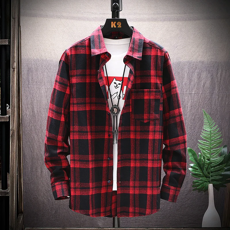 Корейская Повседневная Клетчатая Мужская рубашка в стиле ретро свободная