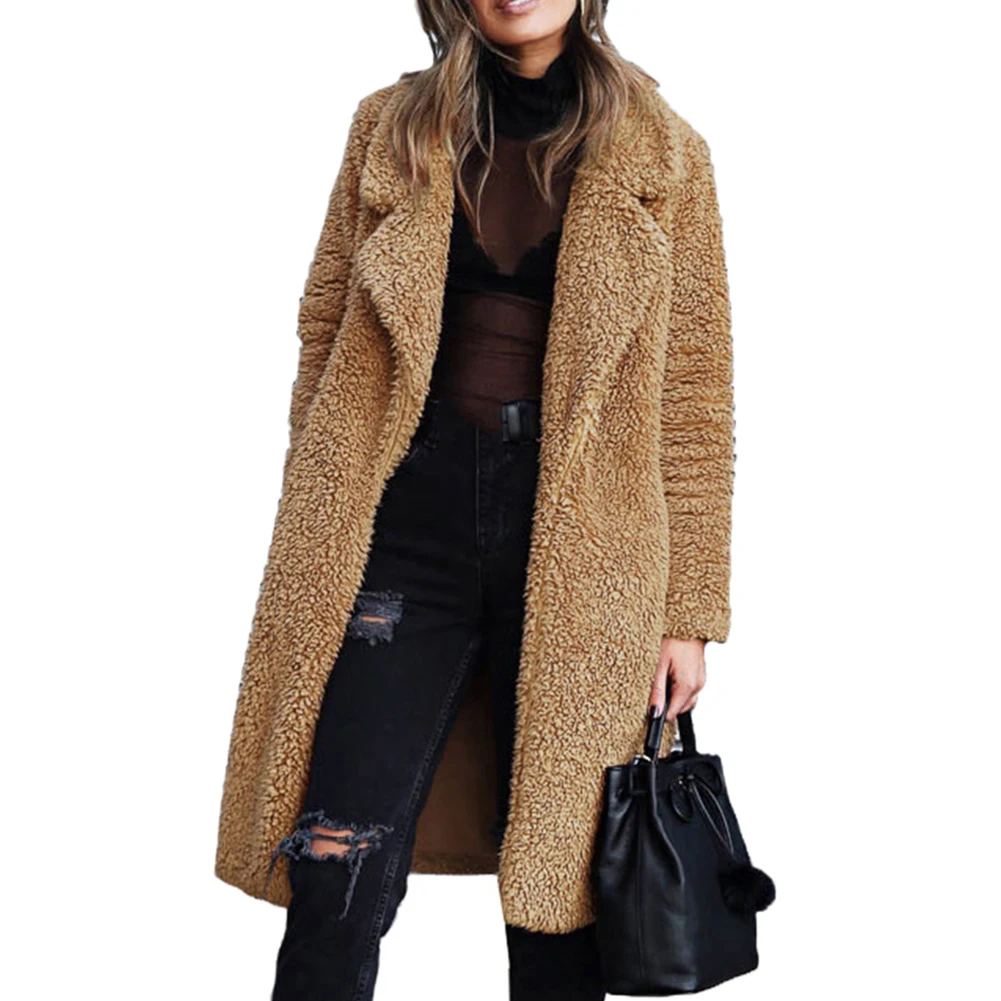

Fashion Slim Cardigan Women Winter Thicken Plush Lapel Solid Color Long Sleeve Warm Midi Coat Turn-down Collar Women's Coat