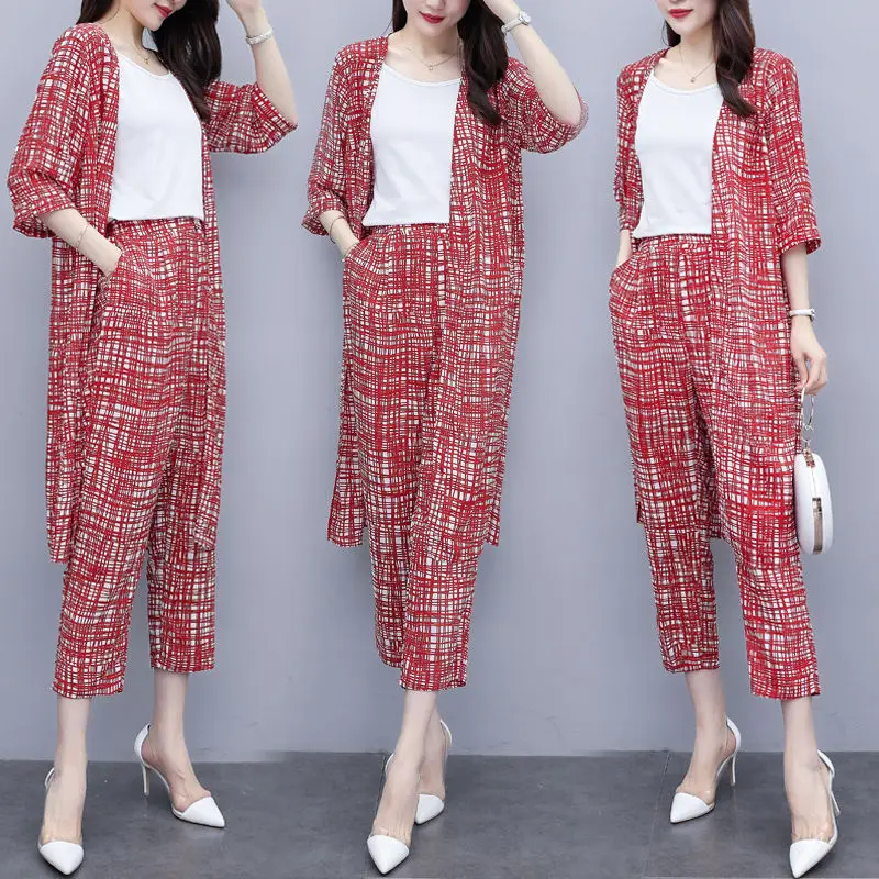 

2021 Summer Korean Style Cropped Skinny Pants Fashionable Cardigan Top Large Size Thin Three-Piece Suit Fashion