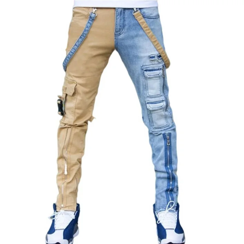

Men Patchwork Wash Jeans Trendy Slim Straight Denim Trousers Zipper Big Pocket Punk Jeans